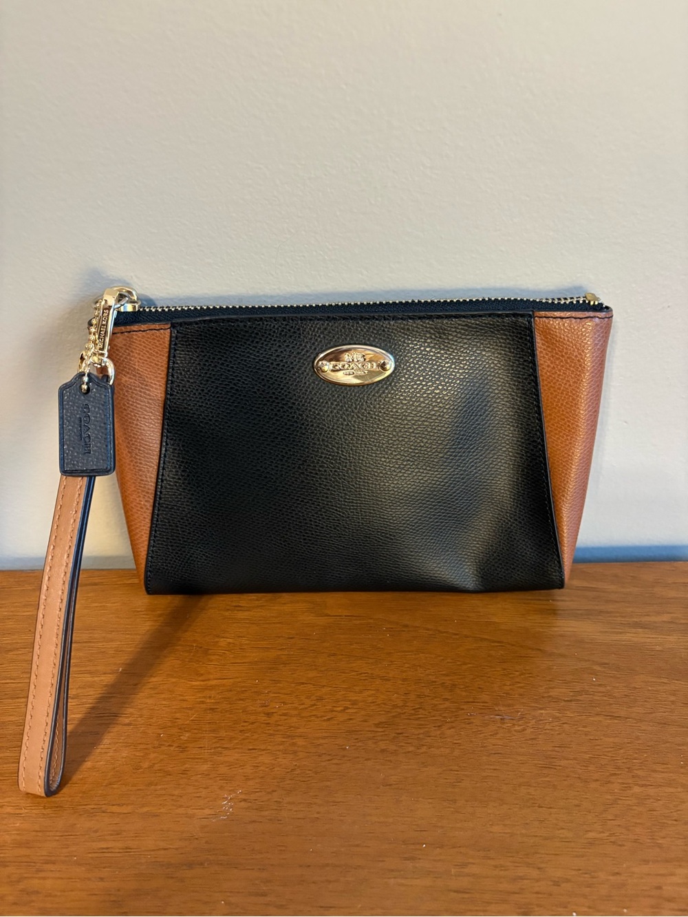 Coach Black and Tan Leather Wristlet large Clutch